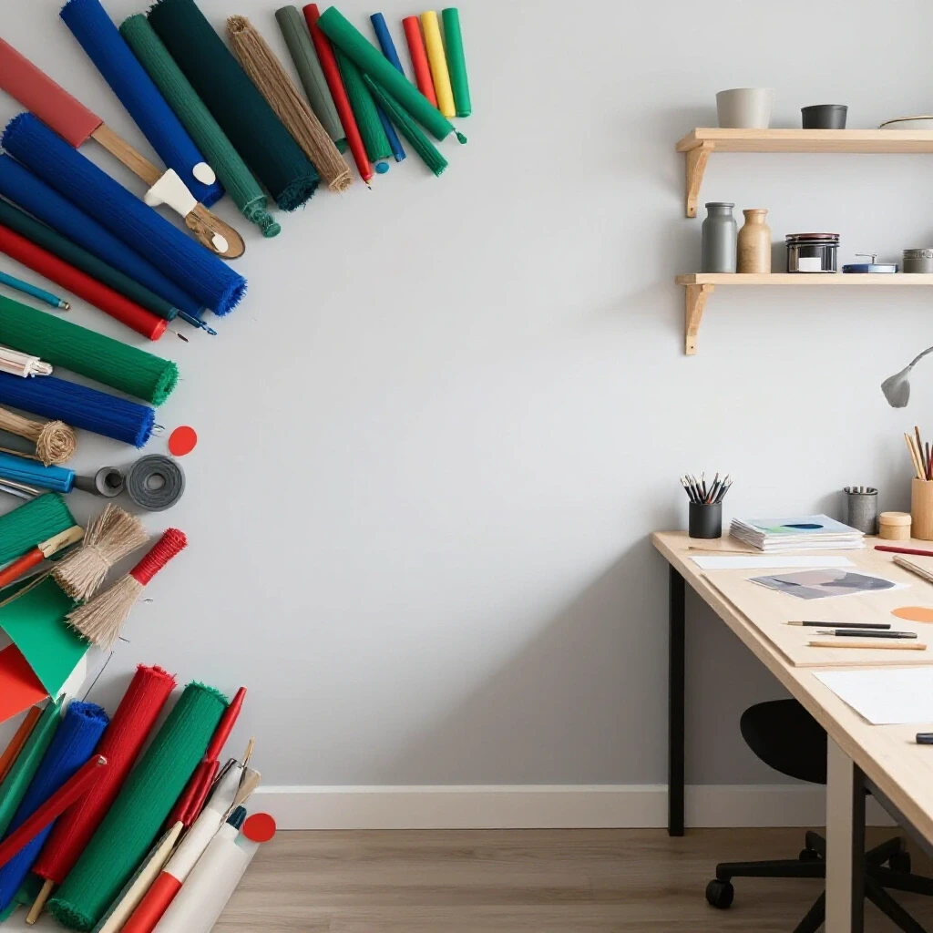 A vibrant craft room organized for optimal workflow, showcasing a mix of neatly arranged and cluttered crafting tools and materials.
