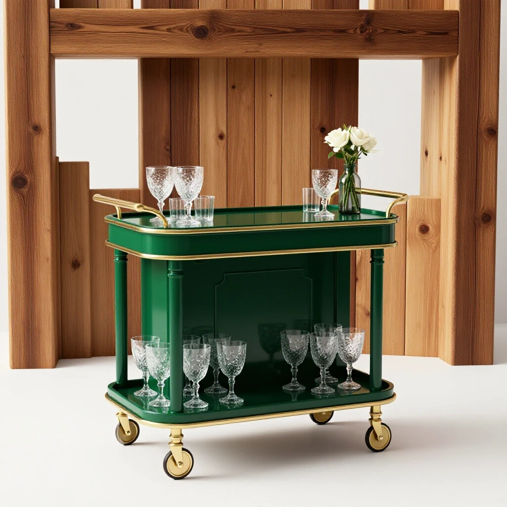 A luxurious emerald green home bar cart with sparkling glassware set against a bright white backdrop and rustic wooden accents.