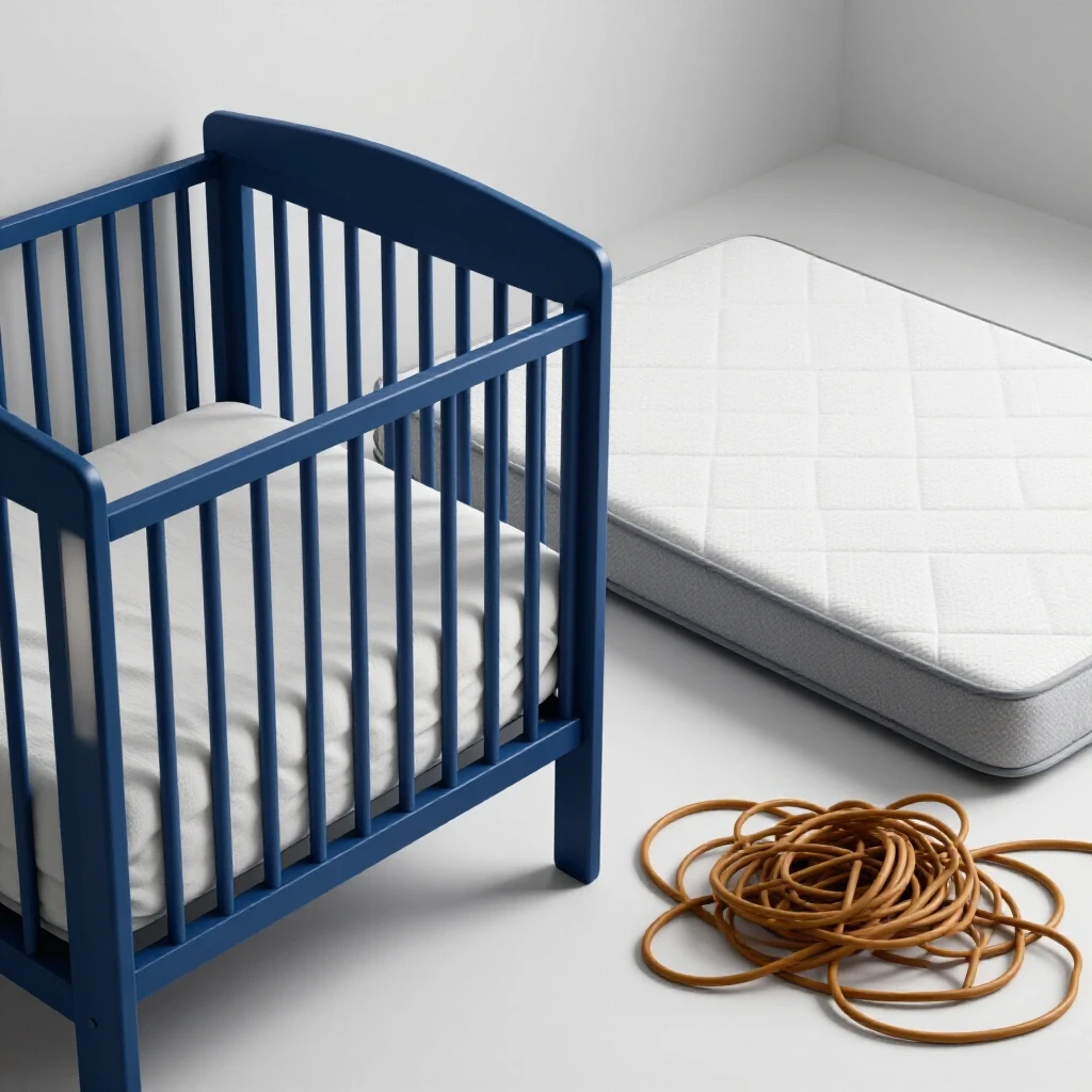 A cozy nursery crib contrasted with alarming safety hazards like a tangled cord and unfit mattress, highlighting safety and comfort.