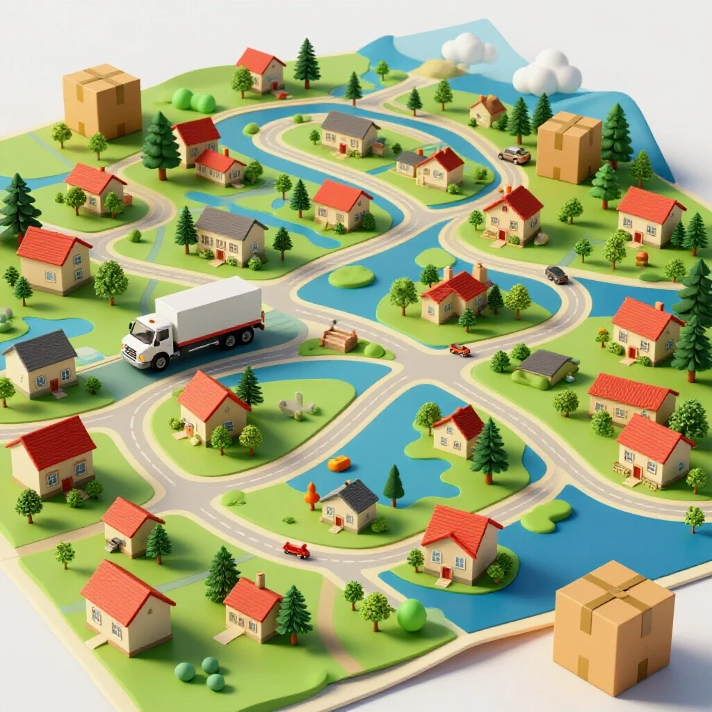 A colorful map showing landmarks like parks and schools connected by a winding path, symbolizing a fun family relocation journey.