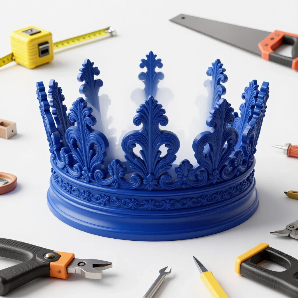 Intricate royal blue crown molding displayed with DIY tools on a bright, clean background, showcasing home decor potential.