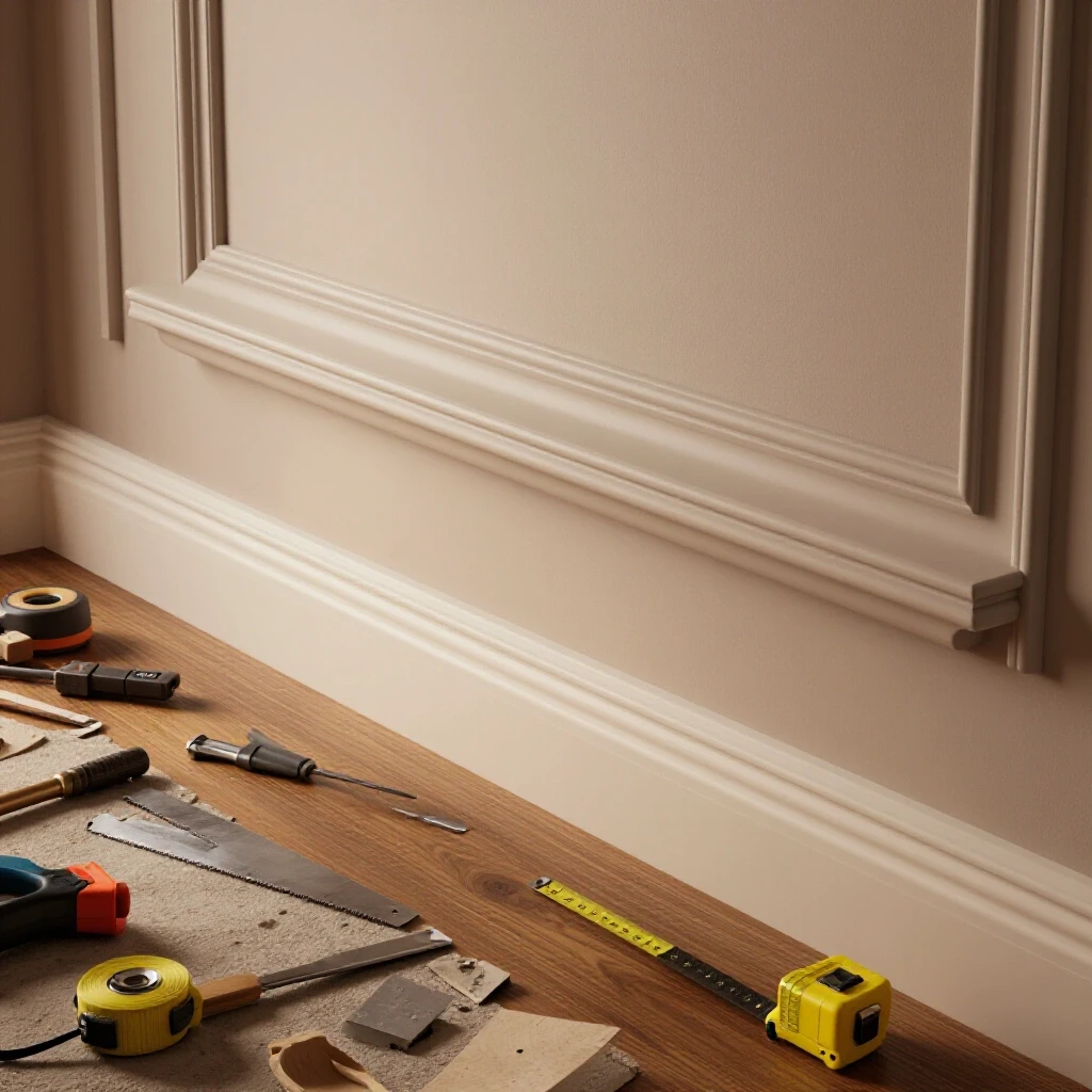 A beautifully installed crown molding contrasted with scattered installation tools in a well-decorated room, highlighting installation challenges.