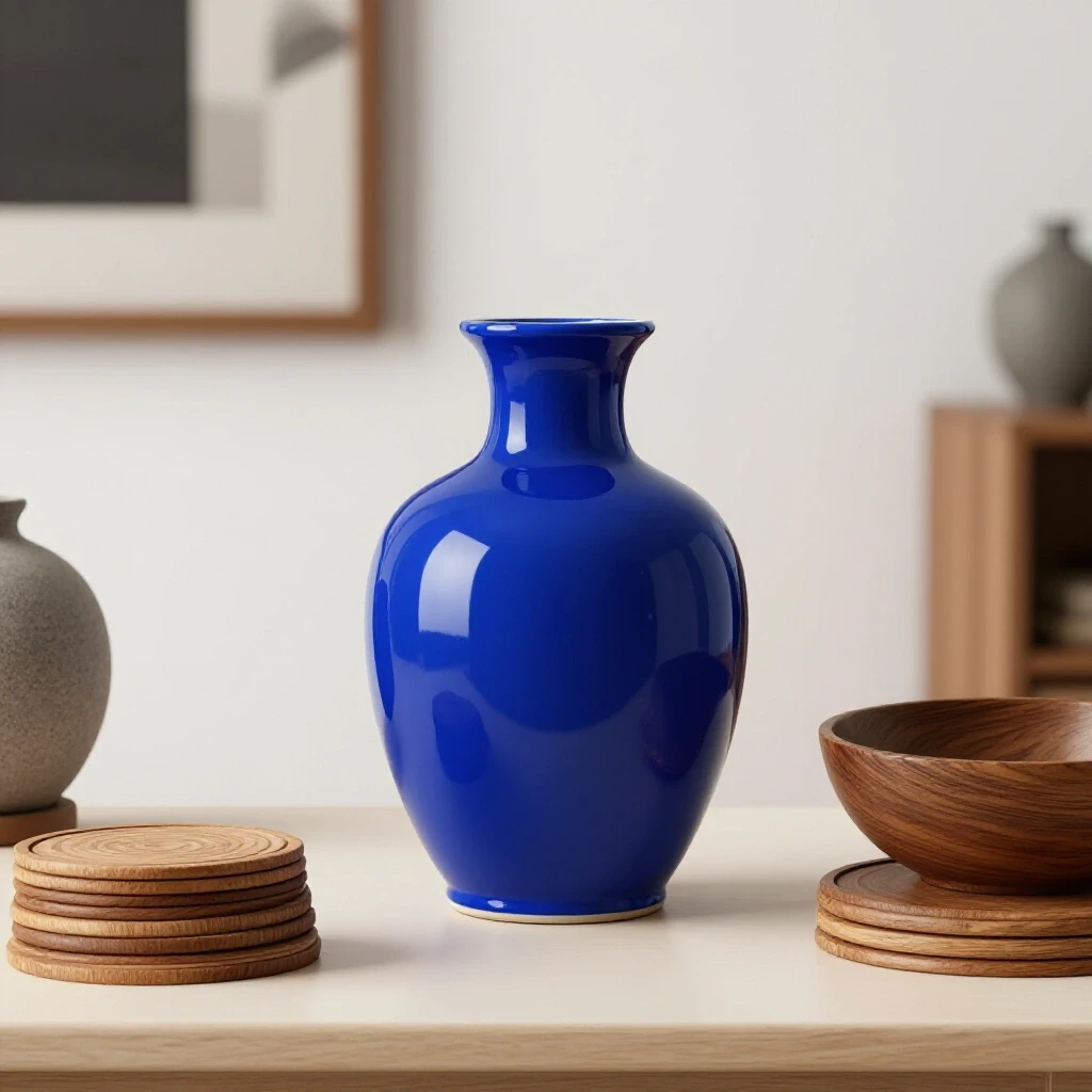 A stunning, organized home interior featuring a bright royal blue ceramic vase with muted wooden decor, showcasing elegance and simplicity.