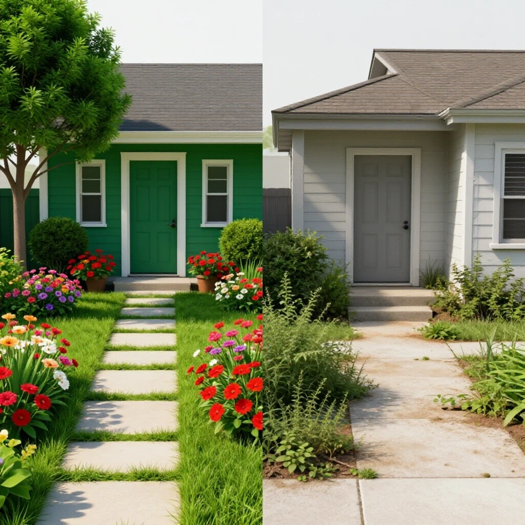 A split-screen view showing a vibrant front yard with flowers and greenery contrasted with a neglected exterior, illustrating potential transformation.