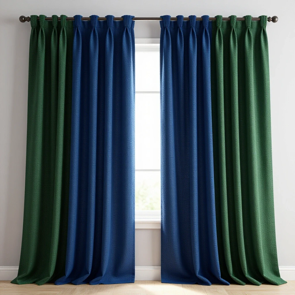 A beautifully styled window with curtains of varying lengths in rich colors, bathed in soft natural light.