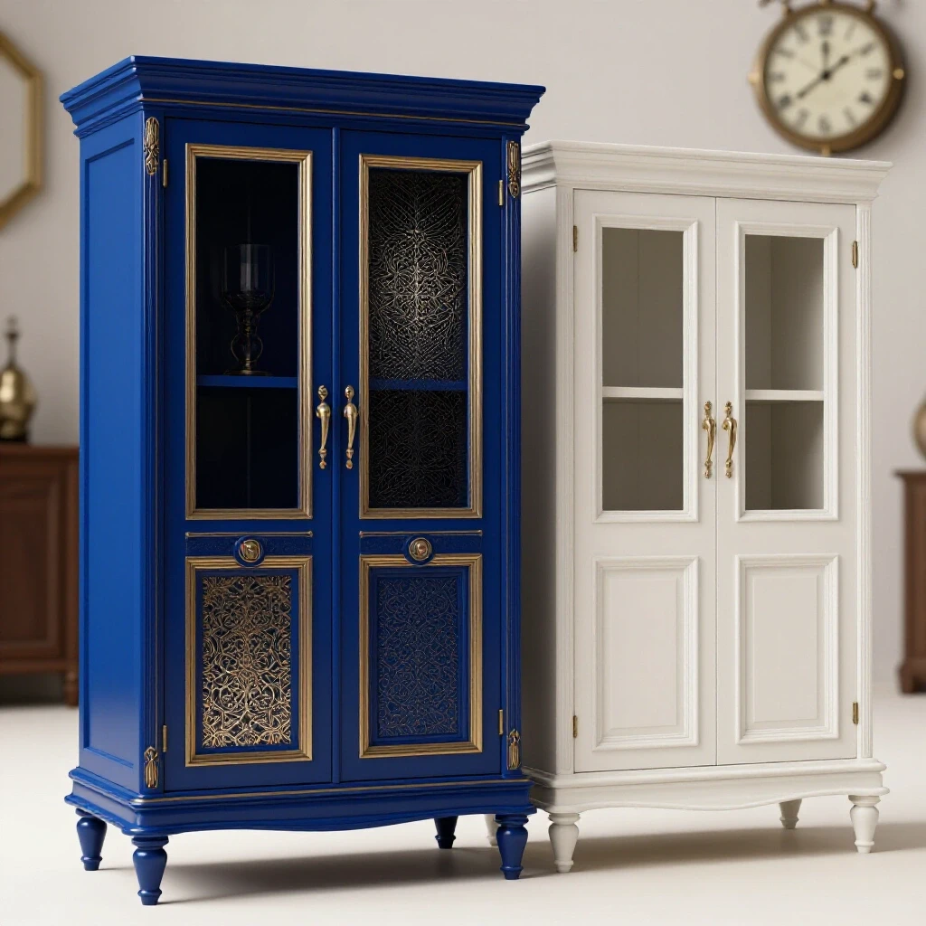 Comparison of a custom cabinet in deep royal blue with a basic cabinet, featuring a blurred clock in the background to symbolize time.