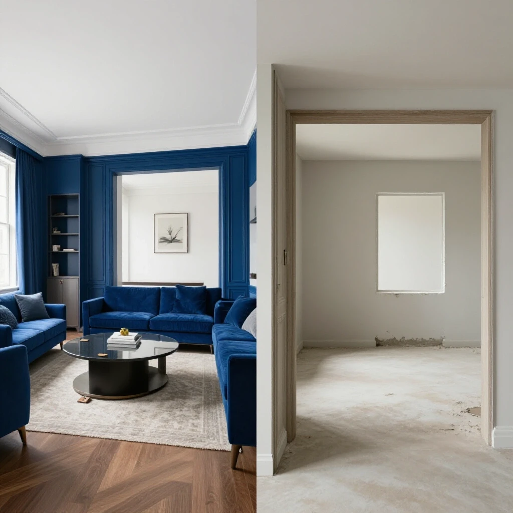 A split-image showcasing a renovated living space beside an unrenovated counterpart highlighting renovation cost differences.