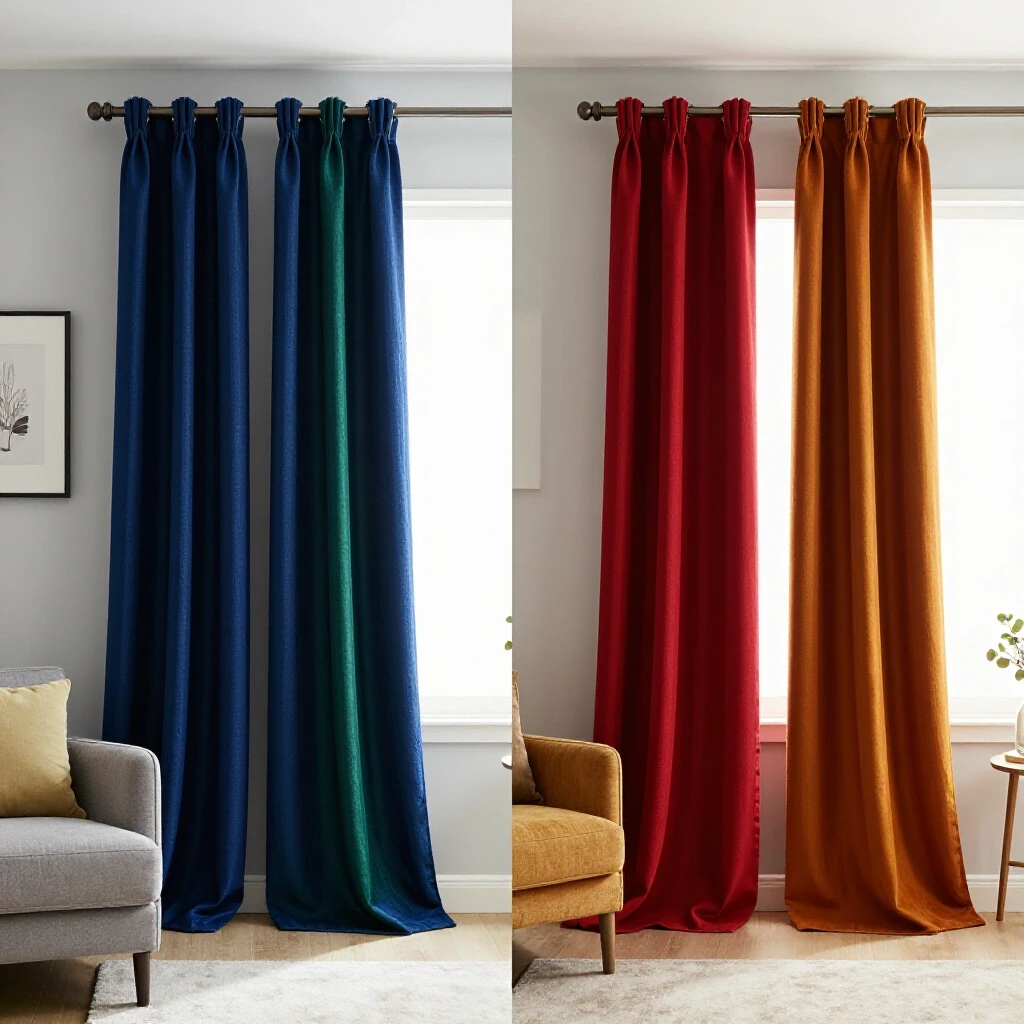 A split-image comparison of a beautifully styled room with custom curtains against one with ready-made curtains, highlighting their differences.