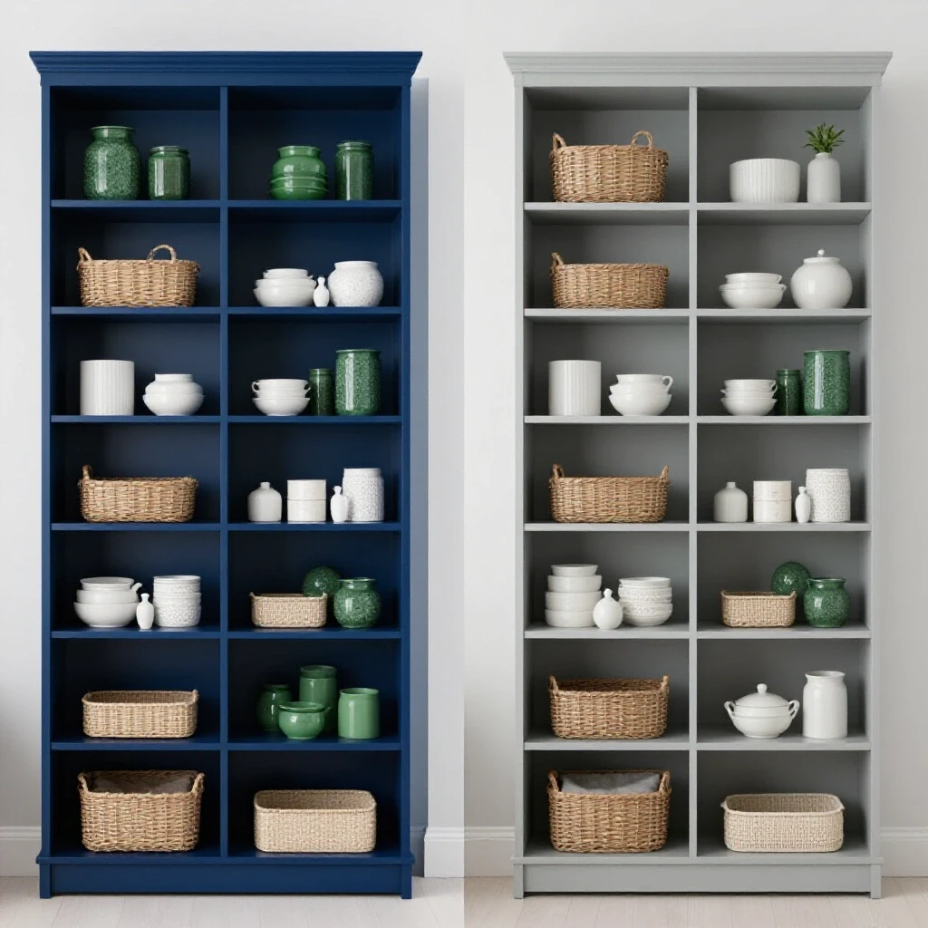 A split-image showing a custom shelving unit filled with personal decor contrasts with a standard store-bought shelving unit.