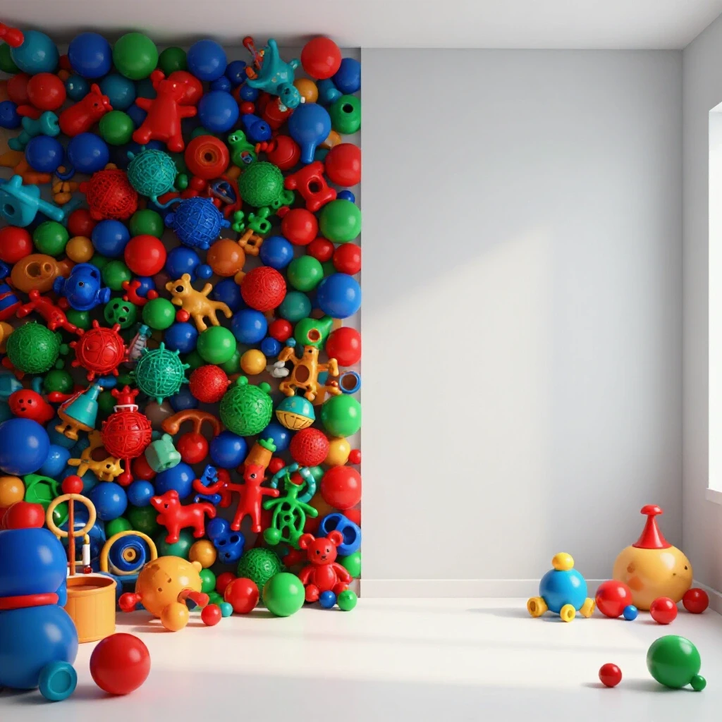 A room divided in half, showcasing one side with a chaotic array of colorful toys and the contrasting other side with minimalistic toy decor, highlighting emotional impact.
