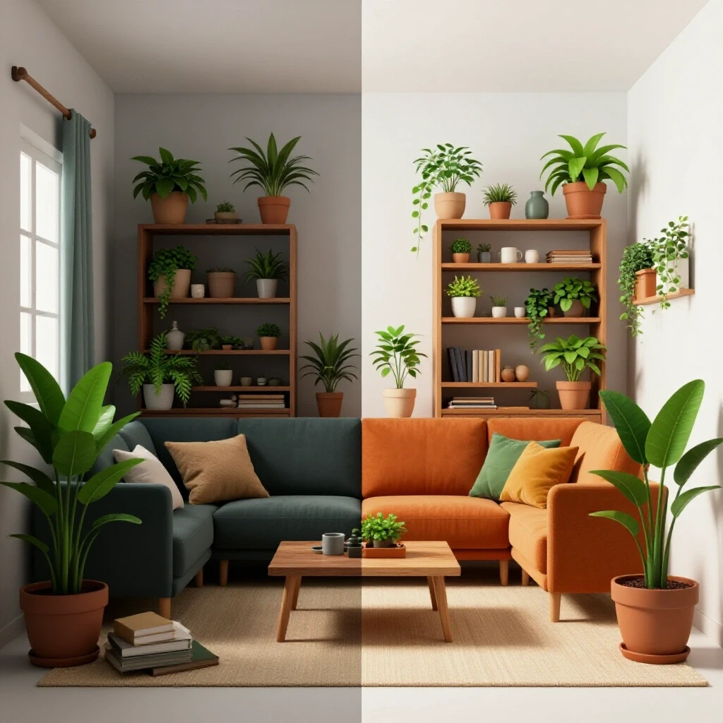 A contrasting visual of a cluttered and tidy living space, reflecting daily habits for sustainable organization.