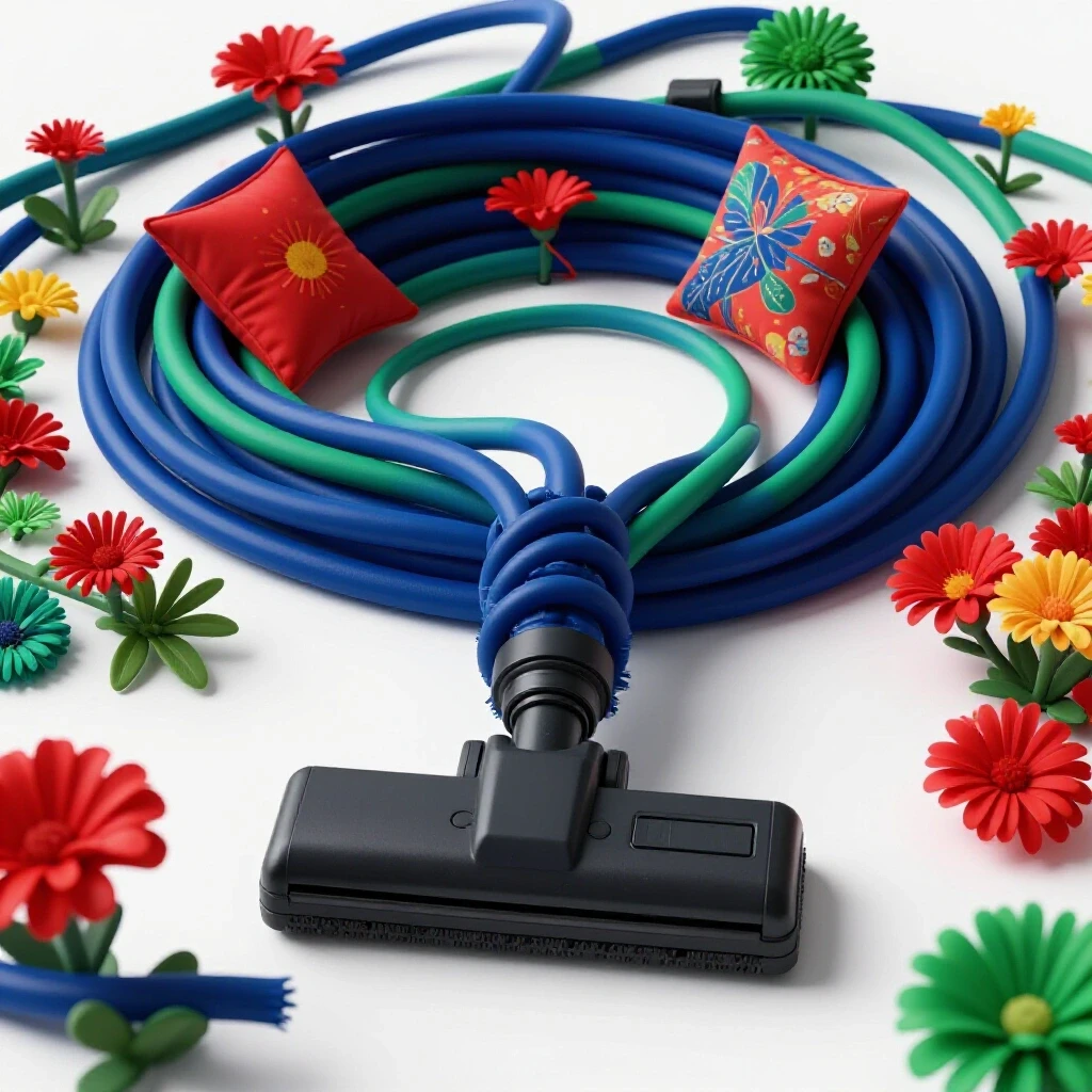 Close-up of a frayed vacuum cord intertwined with colorful household items, creating an inviting atmosphere.
