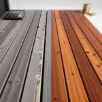 Image illustrating a worn and refurbished deck side by side with symbols of savings, highlighting deck repair cost breakdown.