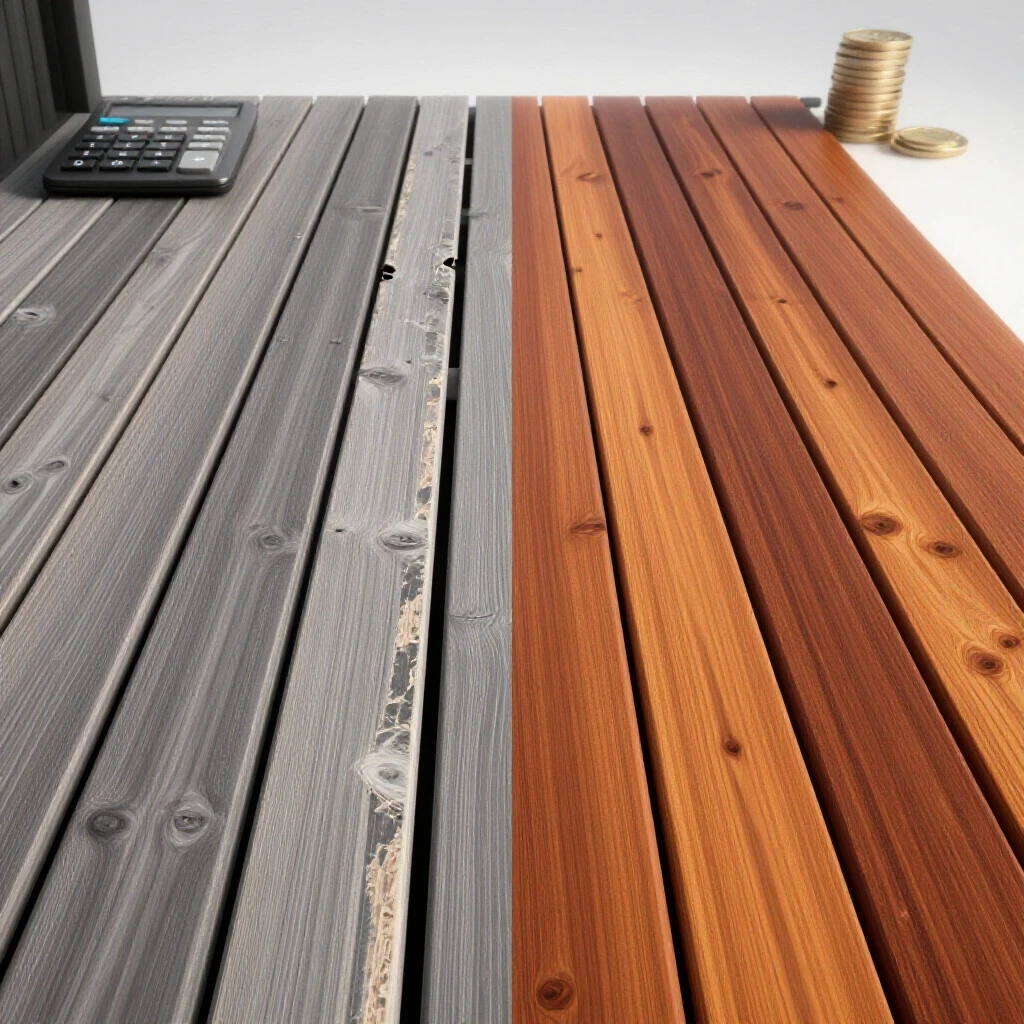 Image illustrating a worn and refurbished deck side by side with symbols of savings, highlighting deck repair cost breakdown.