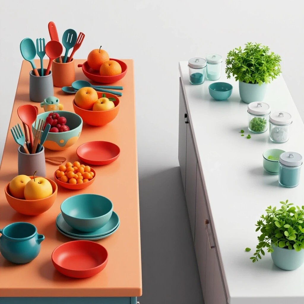 Image of a kitchen counter showing a transformation from cluttered to minimalist, highlighting colors and organization.