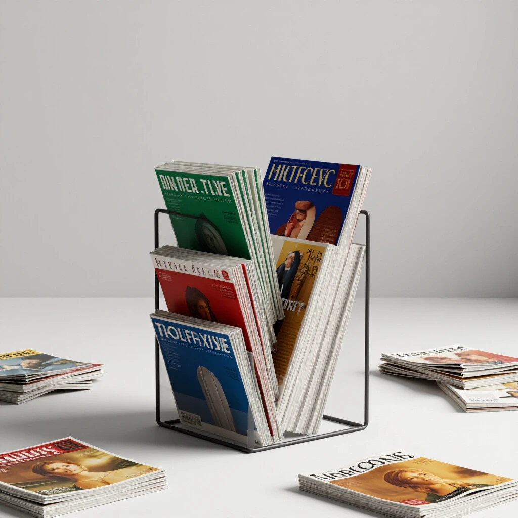 A serene living room with a minimalist magazine rack and vibrant scattered magazines, illustrating organization amidst chaos.