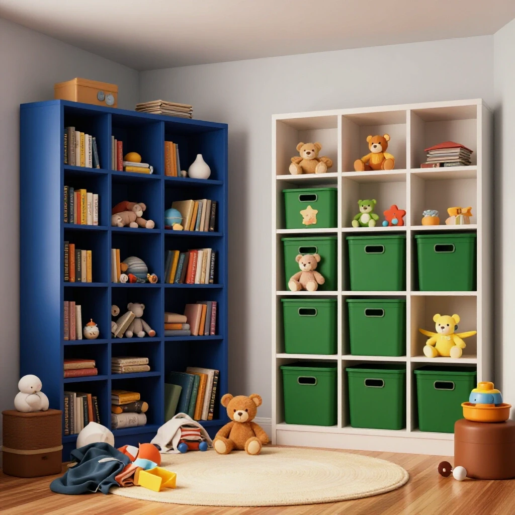 A cozy small room displaying contrasting sections of clutter and organization, highlighting effective decluttering for families.