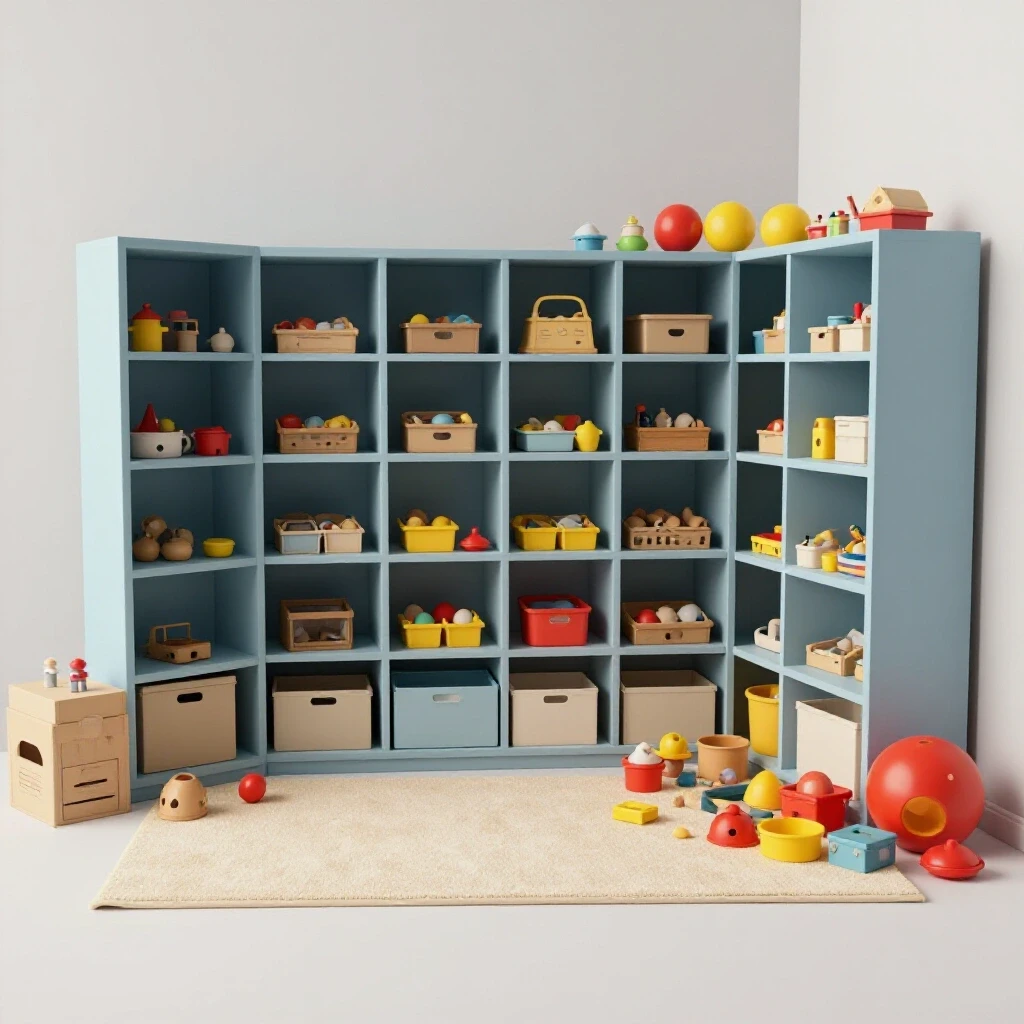A toy room with an organized area in soft colors and a bright, chaotic cluttered corner, highlighting decluttering.