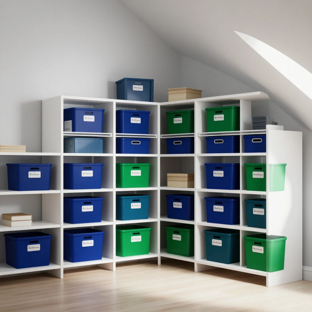 A bright attic showcases organized storage solutions with labeled bins and shelves, highlighting decluttering success.