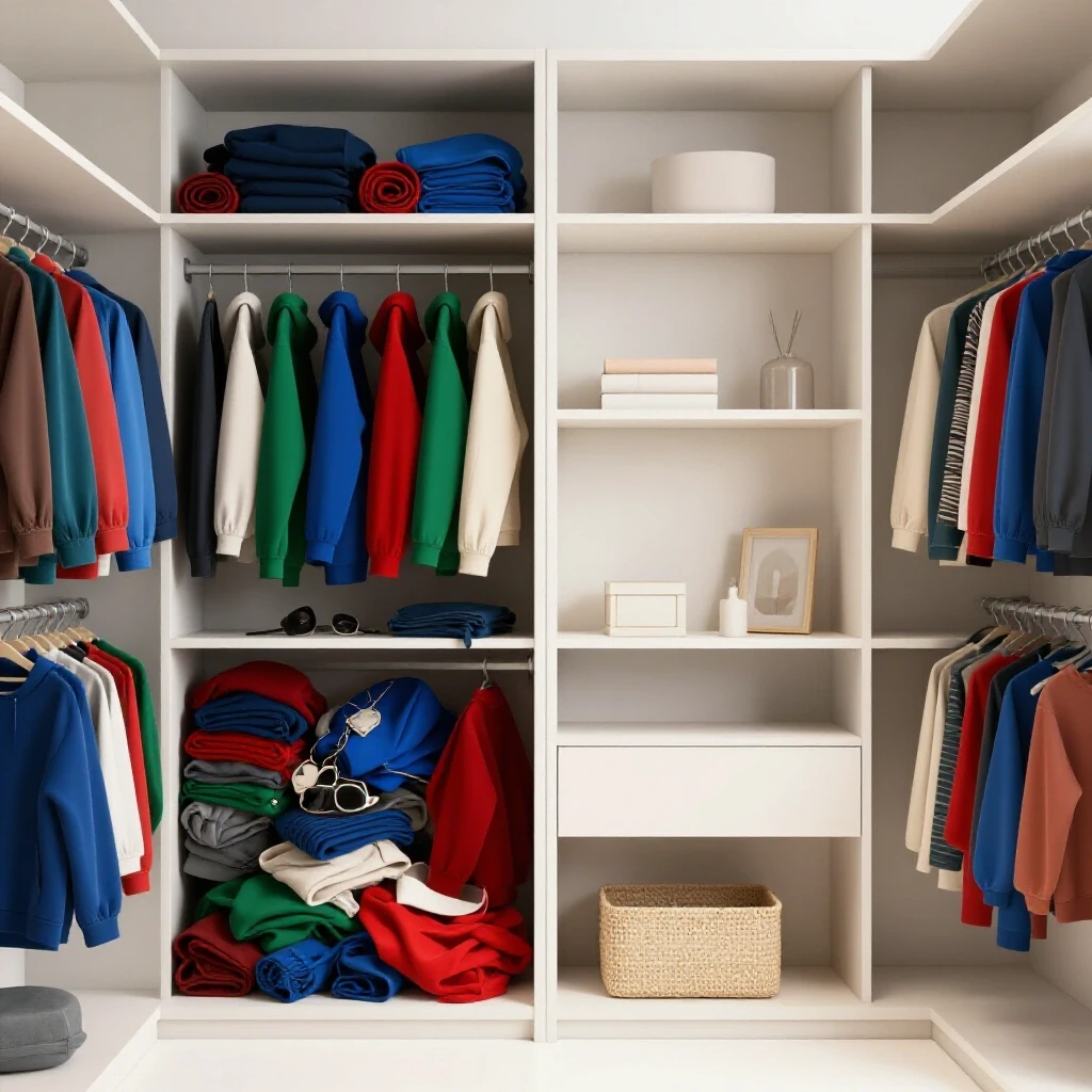 A split view of a closet: one side cluttered with colorful clothes and accessories, the other side neatly organized with minimalist decor.