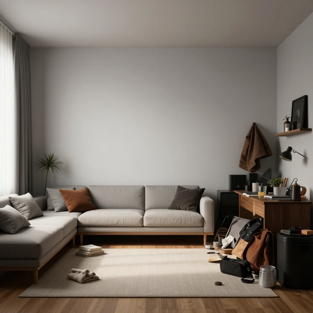 A vivid contrast of a serene minimalist room against a cluttered chaotic space, emphasizing decluttering.