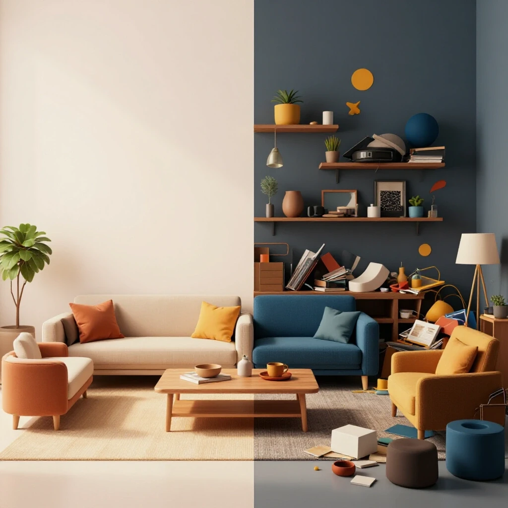 A contrasting depiction of a peaceful minimalist room versus a chaotic cluttered space, illustrating the journey of decluttering.