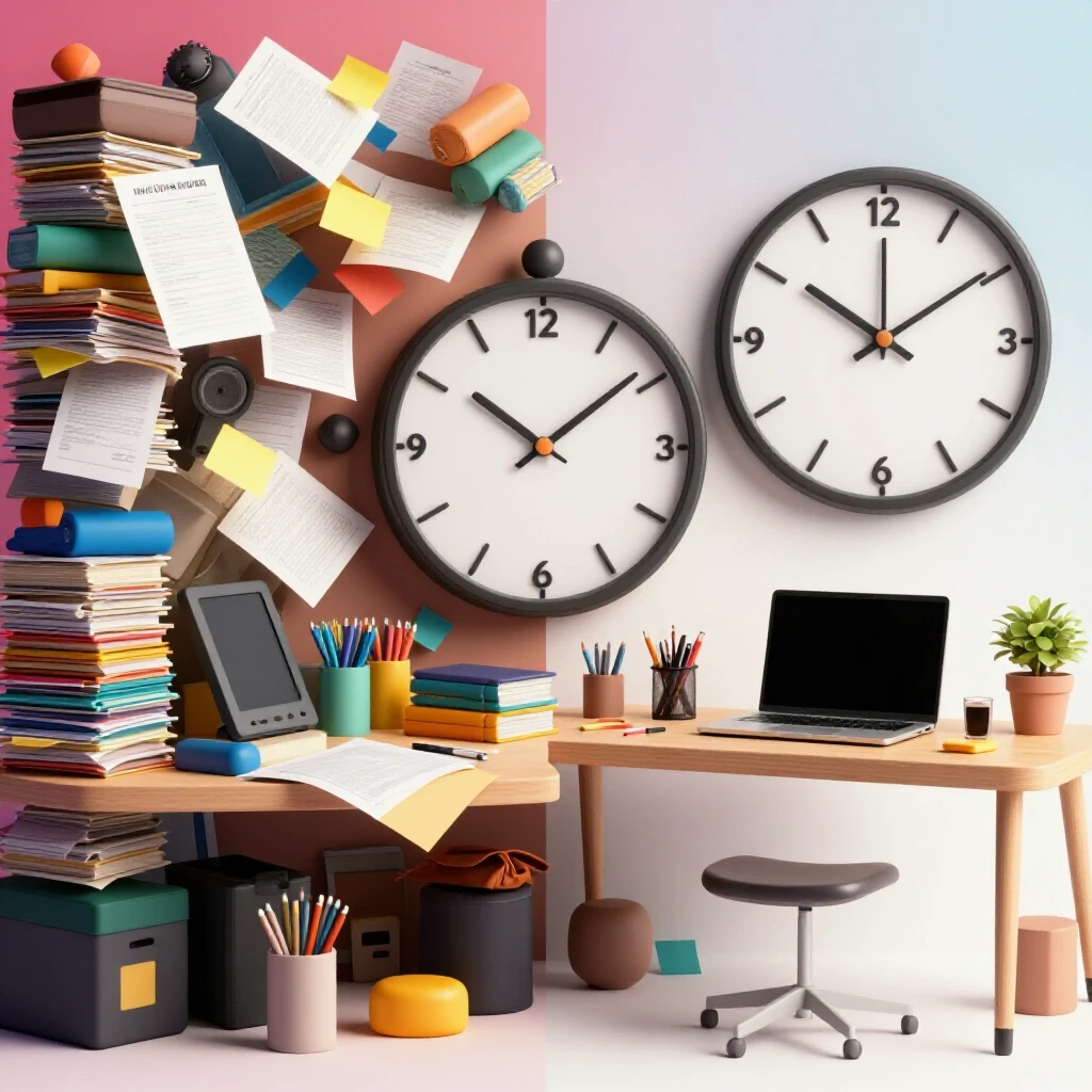 A visually striking image of a cluttered desk juxtaposed against an organized workspace, symbolizing productivity.