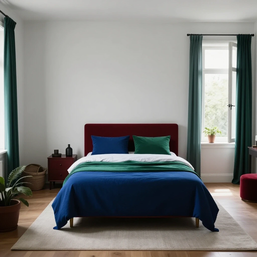 A master bedroom split in two: one side cluttered and chaotic, the other beautifully organized in rich colors, evoking tranquility.