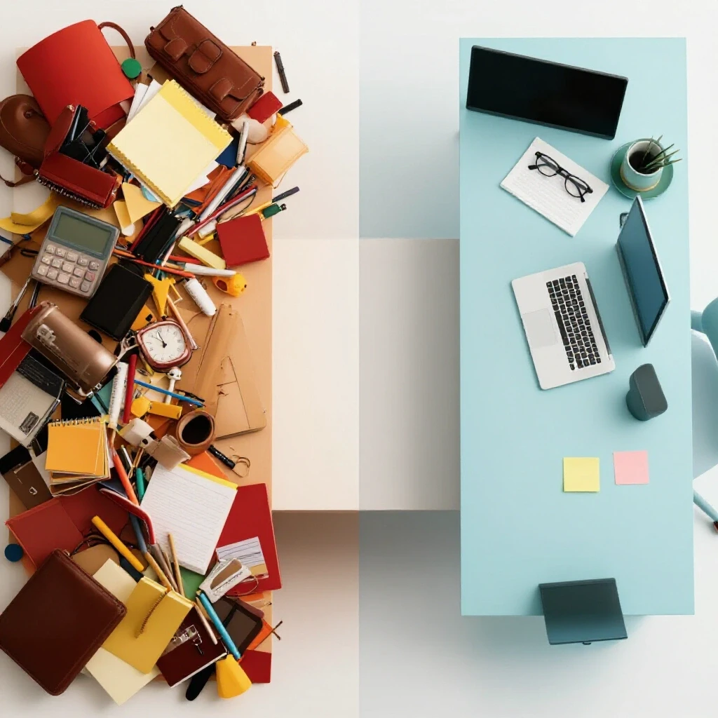 A split image showing a chaotic office desk filled with clutter contrasted with a serene, organized minimalist desk setup.