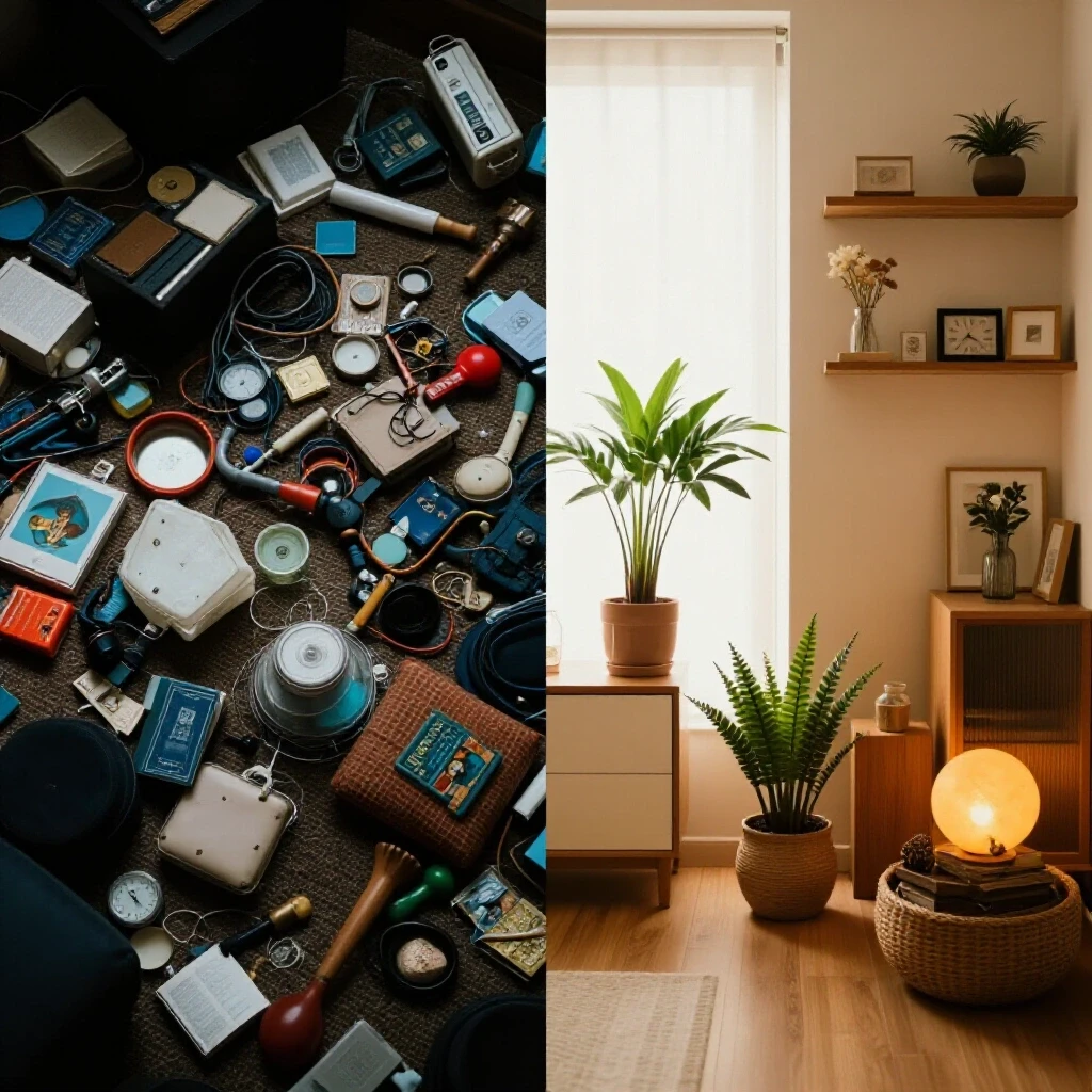 A split-image showing a cluttered space with random items on one side and an organized decor setup on the other, highlighting contrasting environments.