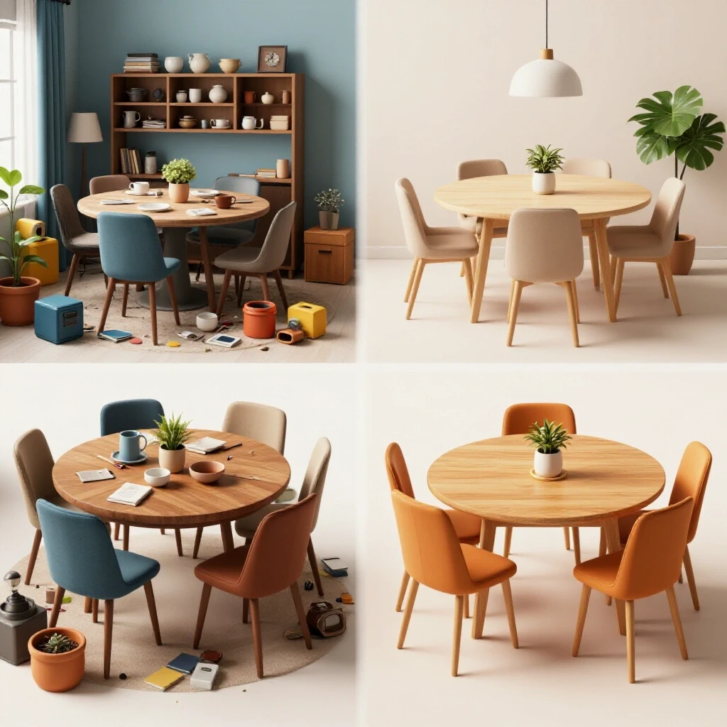 A contrast of a cluttered dining room and a minimalist dining space showcasing effective decluttering.