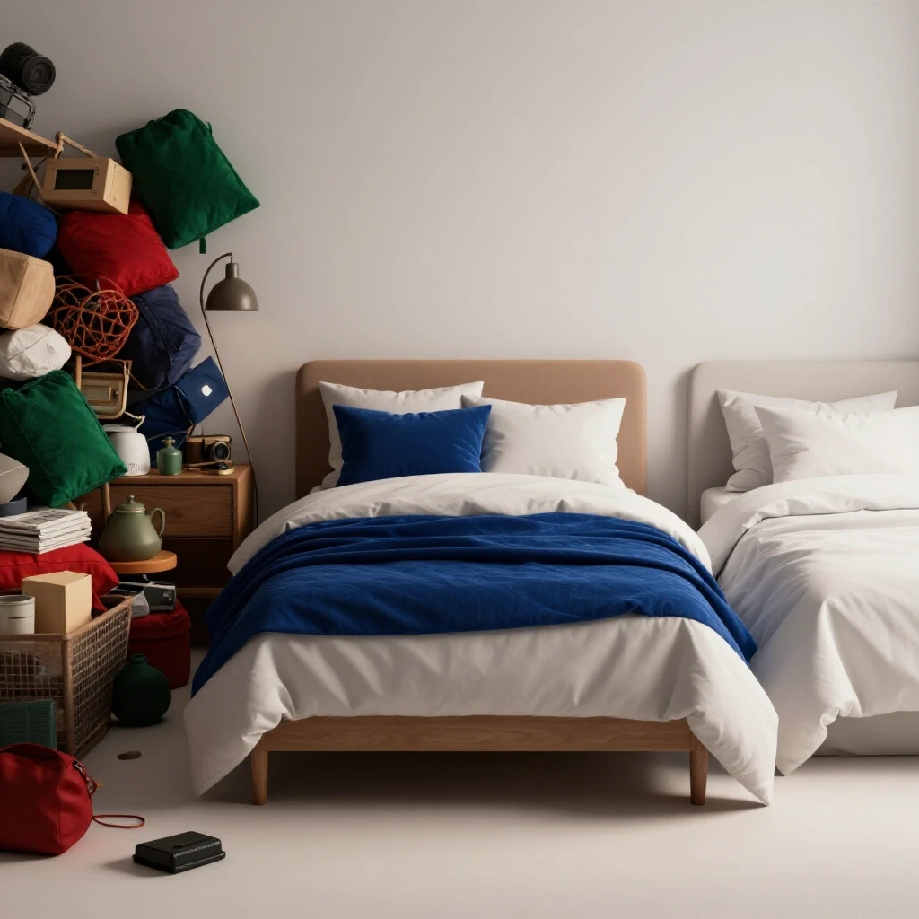 A serene bedroom scene illustrating the contrast between a cluttered area and a minimalist space, emphasizing the impact of decluttering on sleep.