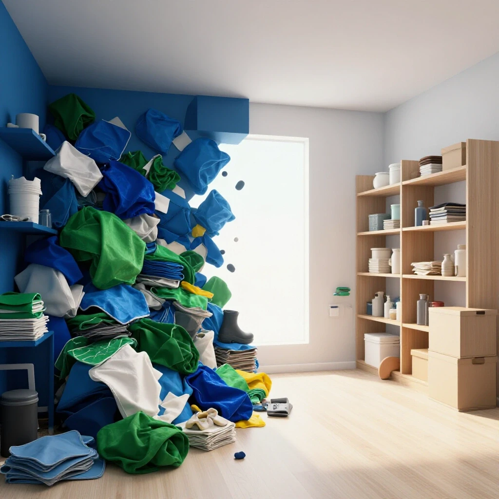 A split-room image showcasing a cluttered area transitioning to a clean, organized space, symbolizing decluttering.