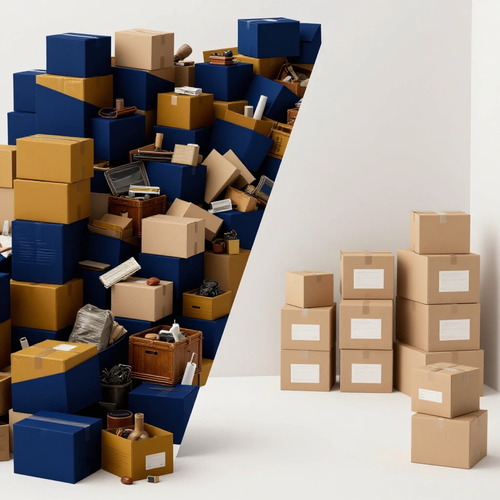 A compelling visual contrasting a cluttered room full of boxes with a serene minimalist space showcasing neatly stacked donations. The image illustrates decluttering benefits.