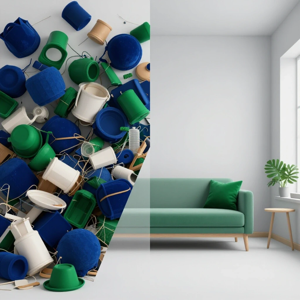 A contrasting image featuring a cluttered space on the left and a minimalist, serene room on the right, symbolizing decluttering.