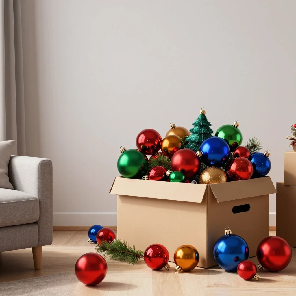 Cozy living room with holiday decor, featuring a chaotic decoration box and an empty one, symbolizing decluttering.
