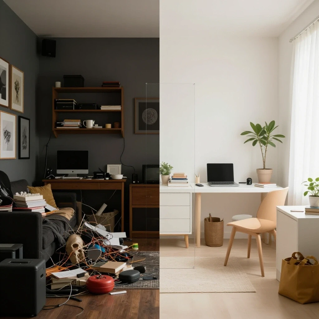 A split image showing a cluttered room in dark tones versus an organized, bright space illustrating the benefits of decluttering.