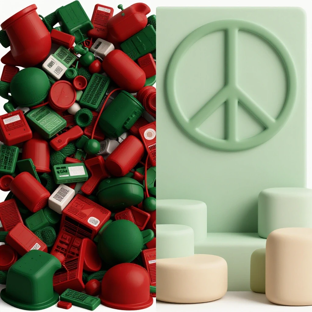 A split image showing a chaotic cluttered space on the left and a serene minimalist room on the right.