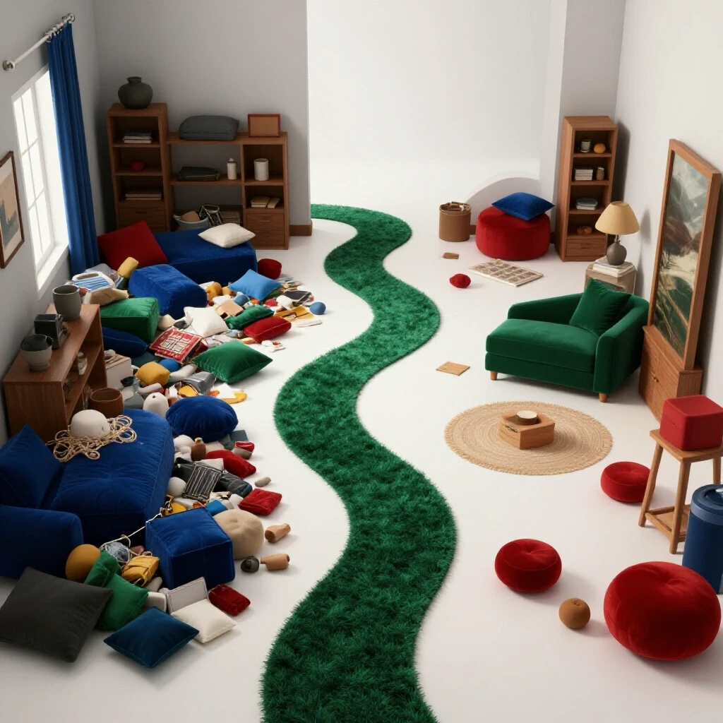 A transition from a cluttered room to a serene, organized space symbolizing decluttering success with rich colors.