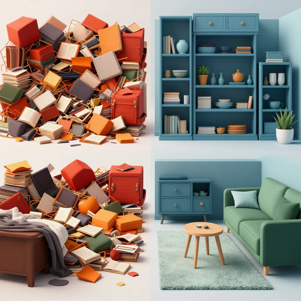 A visual representation of a room split diagonally, showing a cluttered side transitioning into an organized and serene space.