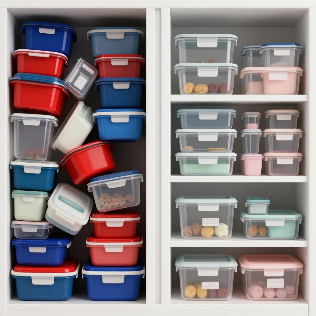 A split image showing chaotic mismatched Tupperware on one side and neatly organized labeled containers on the other, highlighting kitchen decluttering.