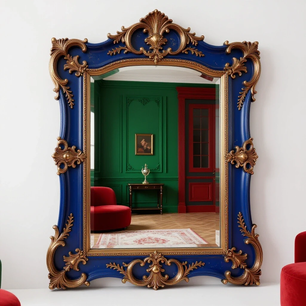 A styled room featuring an ornate decorative mirror reflecting a bright space, showcasing intricate details.