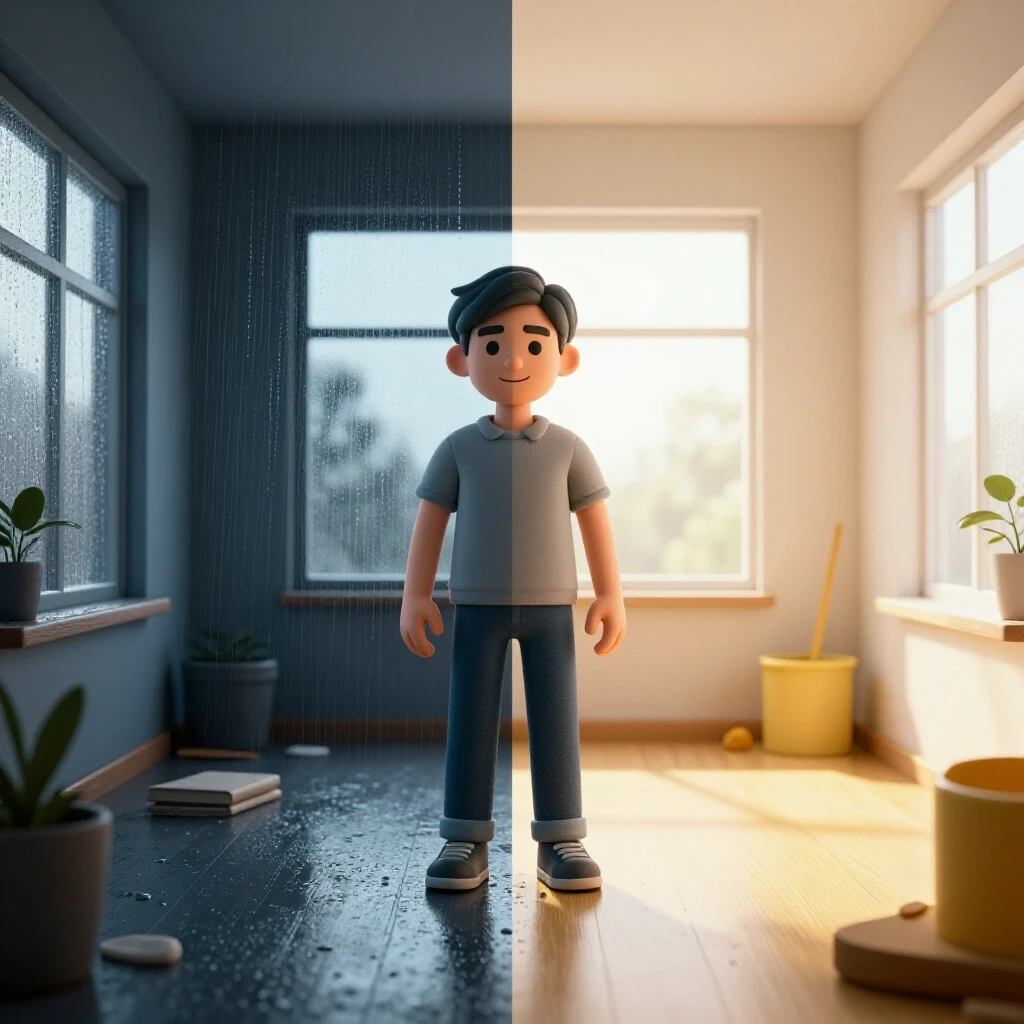 A visually striking split scene showing a humid, cluttered room on one side and a bright, clean space on the other, highlighting dehumidifier effects.