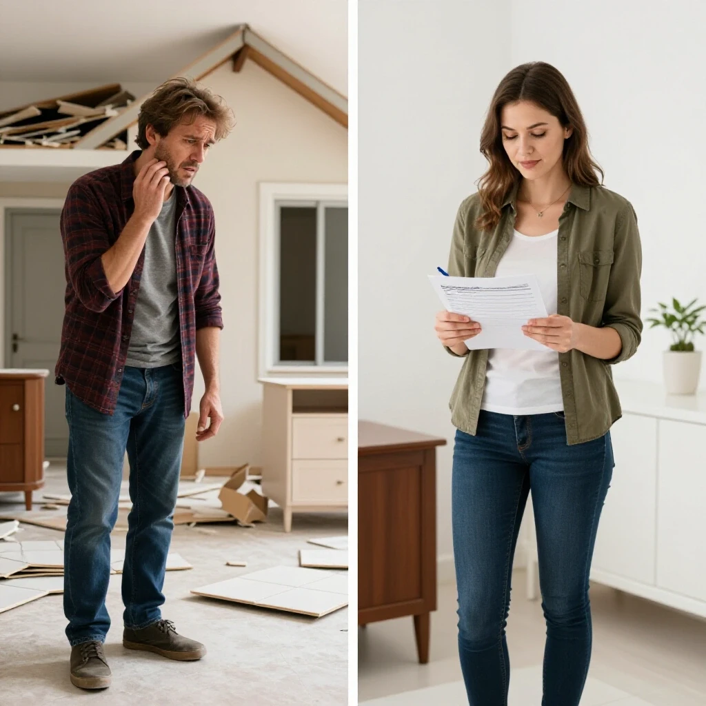 A split-image showing a distressed homeowner with damaged materials on one side and a confident homeowner with intact materials on the other side.