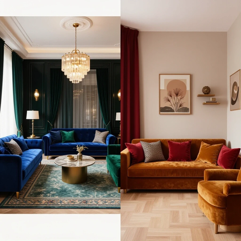 A striking split scene illustration of a luxury designed room on one side and a cozy budget-friendly DIY space on the other, showcasing contrasts in design and cost.