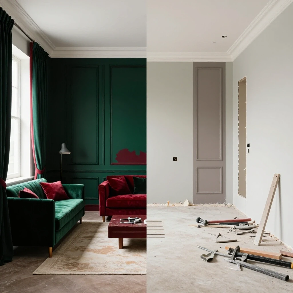 A visual comparison of a beautifully designed room versus a chaotic, unfinished renovation space to illustrate design costs.
