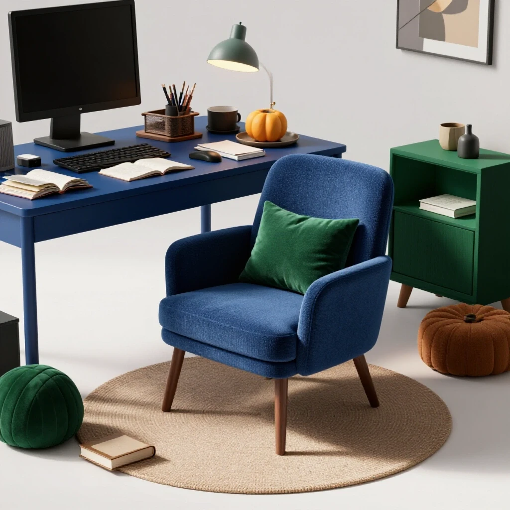 A contrasting scene featuring a cozy reading nook alongside a cluttered workspace, illustrating living space design around daily habits.