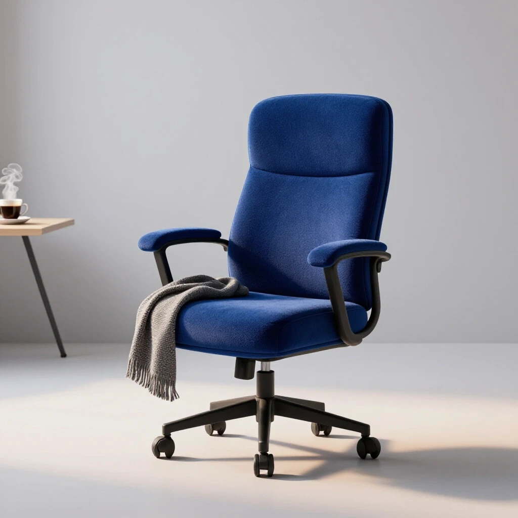 A plush royal blue desk chair draped with a soft blanket, and a steaming cup of coffee, in a bright studio setting.