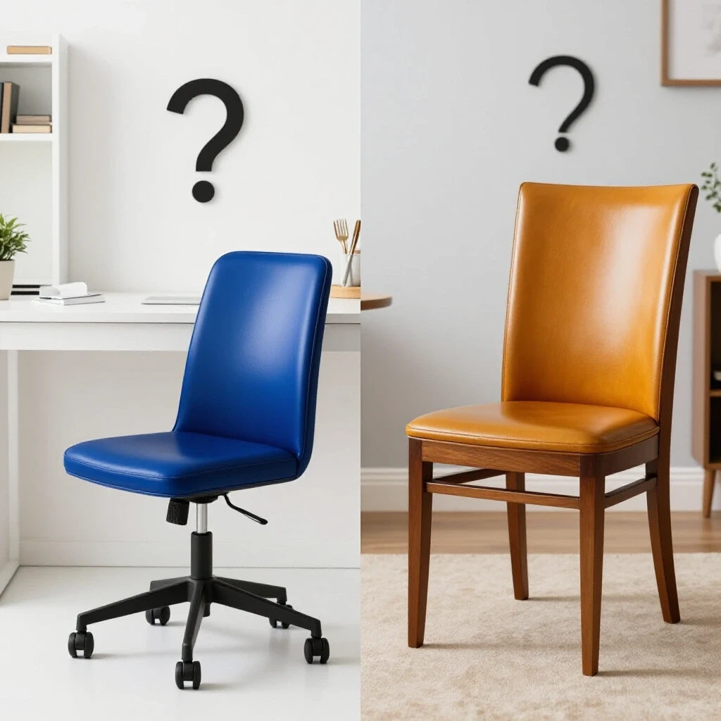 A split image featuring a stylish desk chair in a bright office setting and an elegant dining chair in a cozy dining area.