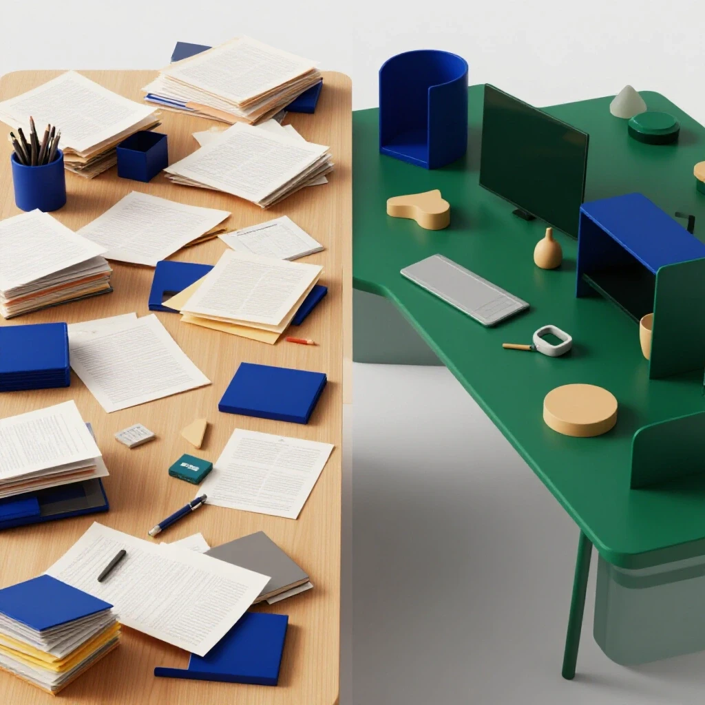 A visually striking desk organization image featuring one cluttered half and one tidy half, highlighting productivity and style.